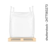 Flexible intermediate bulk container big bag on wooden pallet mockup. High realistic. Vector illustration isolated on white background. Ready for use in presentation, promo, advertising. EPS10.
