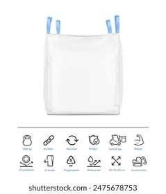 Flexible intermediate bulk container big bag mockup with set icons. High realistic. Vector illustration isolated on white background. Ready for use in presentation, promo, advertising and more. EPS10.