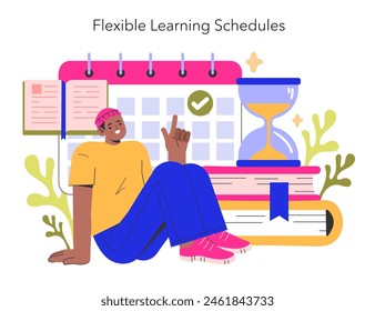 Flexible Learning Schedules concept A student with a calendar and hourglass, embodying the adaptability of digital education to personal timetables Vector illustration