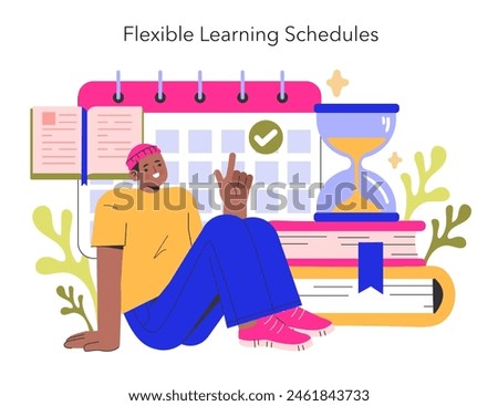 Flexible Learning Schedules concept A student with a calendar and hourglass, embodying the adaptability of digital education to personal timetables Vector illustration