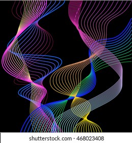 Flexible lines set. Smooth curved gradient colored lines isolated on black background for use in design.