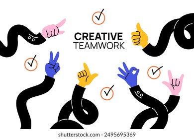 Manos largas flexibles del negocio. Trabajo en equipo creativo. Armas humanas en trajes de oficina. Equipo de empleados. Diferentes gestos de éxito. Iconos de dedos de victoria. Gestos con las palmas