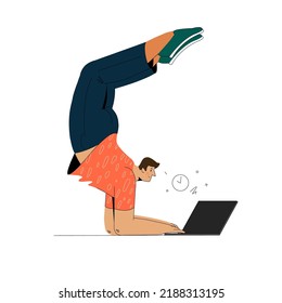 Flexible man at the computer, flexibility in work. Vector illustration.