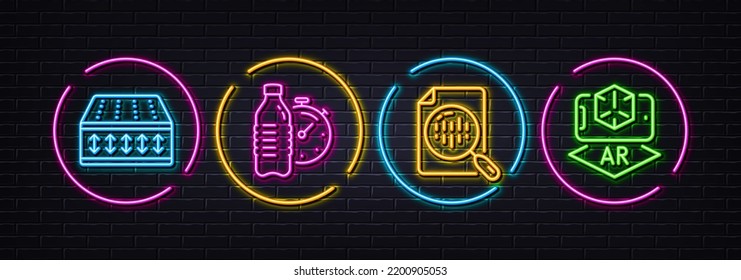 Flexible mattress, Fitness water and Analytics chart minimal line icons. Neon laser 3d lights. Augmented reality icons. For web, application, printing. Vector