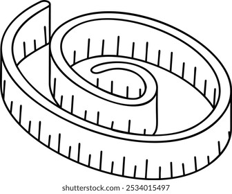 conceito de contorno isométrico de fita de medição flexível, régua marcada em centímetros e polegadas ícone de vetor, símbolo de alfaiataria personalizado, Sinal de roupas feito para medir, ilustração de estoque de materiais Sewist