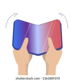 Flexible mobile screen display in hands. Innovative technology.