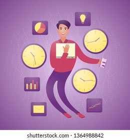 Flexible modern businessman between clocks and graphics. The concept of flexible work schedule. Vector illustration.