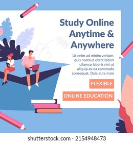 Flexible online education for students, study anytime and anywhere watching video tutorials and classes. Lectures and home assignments for people with laptops. Banner or poster, vector in flat style