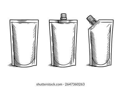 Ilustración vectorial de maqueta de bolsa de embalaje flexible en estilo de arte de línea