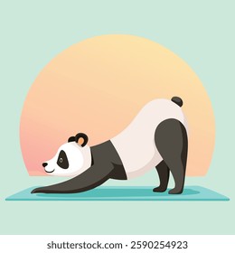A flexible panda in a downward-facing dog yoga pose, smiling, with a soft pastel background, minimalistic vector design