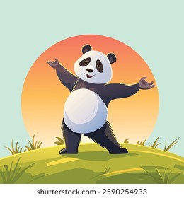 A flexible panda in the warrior pose, stretching its arms confidently, standing on a grassy hill with a sunrise behind, serene vector-style drawing