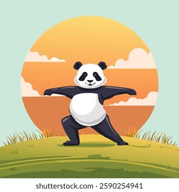 A flexible panda in the warrior pose, stretching its arms confidently, standing on a grassy hill with a sunrise behind, serene vector-style drawing