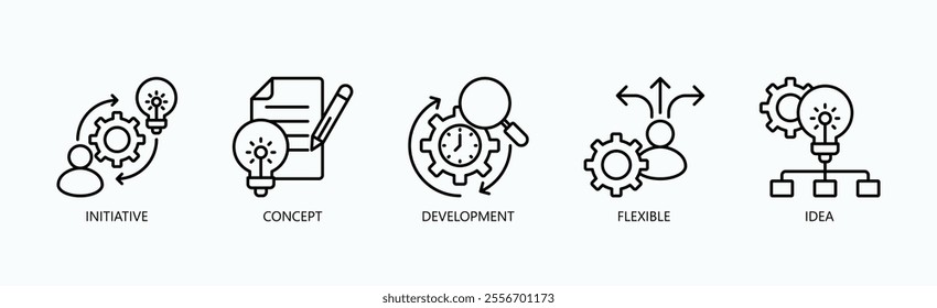 Flexible Pathways Of Innovation Icon Set Vector Illustration Concept With Icon Of Initiative, Concept, Development, Flexible, Idea In Outline Style