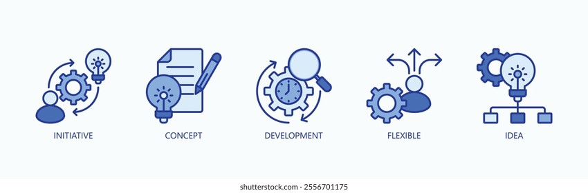 Flexible Pathways Of Innovation Icon Set Vector Illustration Concept With Icon Of Initiative, Concept, Development, Flexible, Idea In Blue Style