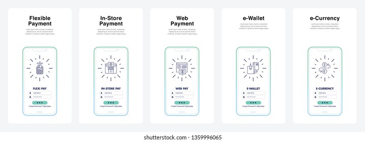 Pago Flexible, En Tienda, Pago, Pago Web, Ewallet, Ecurrency, Estilo Moderno. Puede ser utilizado inmediatamente para promociones, sitios web, comerciales y otros. Vector.