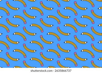 flexible pencil school stationery colorful seamless pattern on blue background. wooden pencil with curved shape doodle decoration pattern background kids, school, college, science