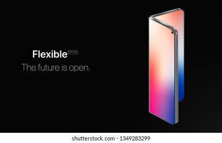 Flexible phone. Concept new technology in phone industries. Flexible display of mobile phone bended hanging over table. New technology transforming phone into a tablet. Illustration smart device.