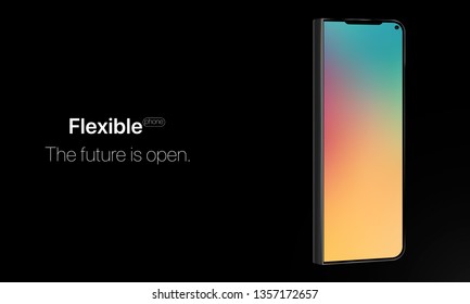 Flexible phone. Concept new technology in phone industries. Flexible display of mobile phone bended hanging over table. New technology transforming phone into a tablet. Illustration smart device.