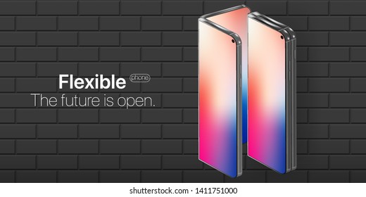 Flexible phone. Concept new technology in phone industries. Flexible display of mobile phone bended hanging over wall. New technology transforming phone into a tablet.