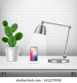 Flexible phone on white realistic table with cactus and lamp, textured wall white backgound.  Template for Object Presentation. Concept new technology in phone industries. Vector Illustration. EPS 10