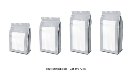 Paquete flexible de bolsa de plástico con juego de simulación vectorial vacío de etiqueta blanca. Kit de simulación de envase de bolsitas de cartón en blanco