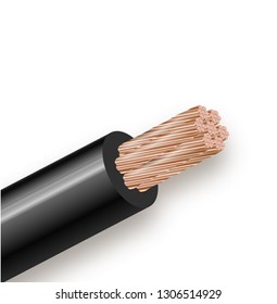 Flexible power copper cable isolated on white background. Copper multi-core cable with black insulation. Close-up section. Power wire. Vector illustration 10 eps.