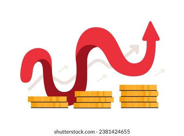 Flexible red growing arrow with stacks of gold coins. Business growth or effective startup strategy concept. Finance and investment. Financial success and money growth. Vector illustration.