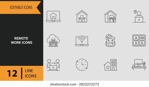 Flexible remote work icon set featuring home office setups virtual team collaboration telecommuting strategies freelance tasks and online productivity tools