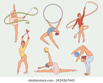 Flexible rhythmic gymnasts. Slender girls in swimsuits with balls, ribbons and hoops, preparation for sports competitions. Sports performance, cartoon flat style isolated vector set