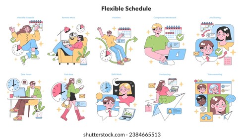 Flexible Schedule set. Professionals enjoying varied work routines. Remote work, compressed workweek, job sharing, freelancing. Telecommuting and core hours. Flat vector illustration