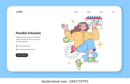 Flexible Schedule set. Professionals enjoying varied work routines. Remote work, compressed workweek, job sharing, freelancing. Telecommuting and core hours. Flat vector illustration