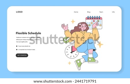 Flexible Schedule set. Professionals enjoying varied work routines. Remote work, compressed workweek, job sharing, freelancing. Telecommuting and core hours. Flat vector illustration