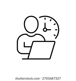 ícone de trabalho de programação flexível, horas do trabalhador, homem de negócios pontual, trabalho em meio período, remotamente no computador, símbolo de linha fina no fundo branco - ilustração vetorial de traçado editável eps10
