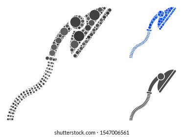 Flexible shower composition of filled circles in variable sizes and color tints, based on flexible shower icon. Vector filled circles are organized into blue illustration.