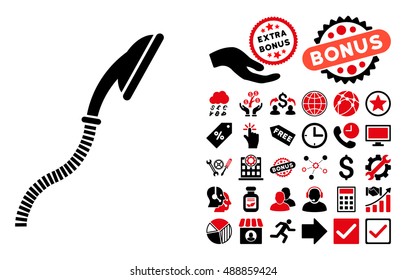 Flexible Shower icon with bonus pictogram. Vector illustration style is flat iconic bicolor symbols, intensive red and black colors, white background.