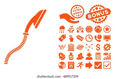 Flexible Shower icon with bonus pictogram. Vector illustration style is flat iconic symbols, orange color, white background.