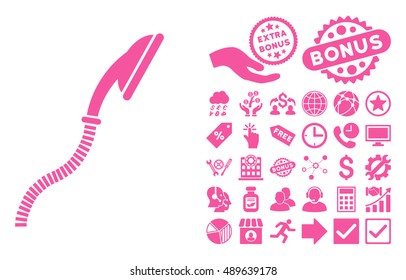 Flexible Shower icon with bonus icon set. Vector illustration style is flat iconic symbols, pink color, white background.