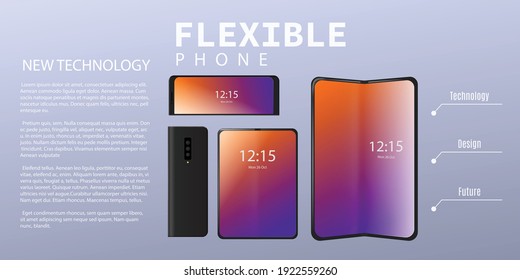 Flexible smartphone with foldable display. Banner with advertisement of technology transforming phone into a tablet. Electronic device glossy touch screen. Vector 3d illustration