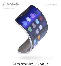 Flexible smartphone. Trendy cell phone that can flex into an electronic bracelet. Cellular gadget bents into a wristband. Imaginary perspective design. 3d vector visionary device on a white background