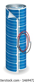 Flexible solar panel wound with black and red connection cables on white background - Vector image
