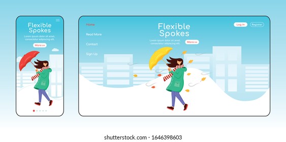 Flexible spokes landing page flat color vector template. Woman in raincoat homepage layout. Mobile display. Windy weather one page website interface, cartoon character. Walking lady banner, webpage