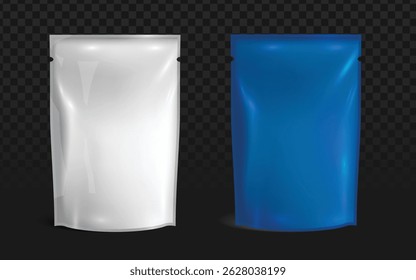 Flexible stand-up pouches in white (opaque) and blue (translucent), perfect for food, liquid, or snack packaging mockups. Ideal for eco-friendly branding, e-commerce visuals, or sustainable product