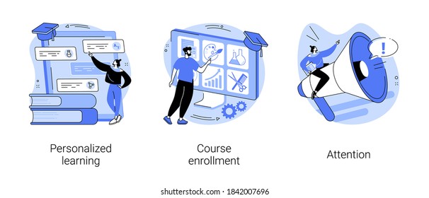 Flexible study plan abstract concept vector illustration set. Personalized learning, course enrollment, attention, apply for degree program, new student, concentration, multitasking abstract metaphor.