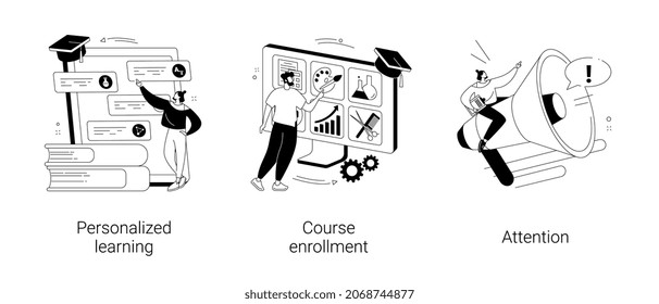 Flexible study plan abstract concept vector illustration set. Personalized learning, course enrollment, attention, apply for degree program, new student, concentration, multitasking abstract metaphor.