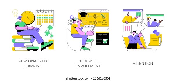 Flexible study plan abstract concept vector illustration set. Personalized learning, course enrollment, attention, apply for degree program, new student, concentration, multitasking abstract metaphor.