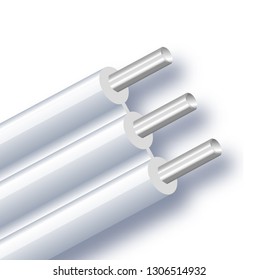 Flexible three-wire electrical aluminum cable isolated on white background. Copper multicore cable with double color insulation. Close-up section. Power wire. Vector illustration 10 eps.