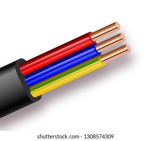 Flexible Three-wire electrical cable isolated on white background. Copper multicore cable in color insulation. Close-up of the cross section. Vector illustration 10 eps.