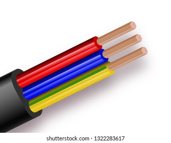 Flexible Three-wire electrical cable isolated on white background. Copper multicore cable in color insulation. Close-up of the cross section. Vector illustration 10 eps.