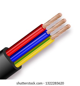 Flexible Three-wire electrical cable isolated on white background. Copper multicore cable in color insulation. Close-up of the cross section. Vector illustration 10 eps.