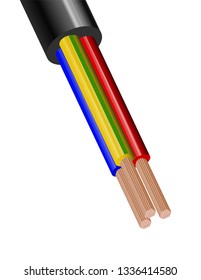 Flexible Three-wire electrical cable isolated on white background. Copper multicore cable in color insulation. Close-up of the cross section. Vector illustration 10 eps.